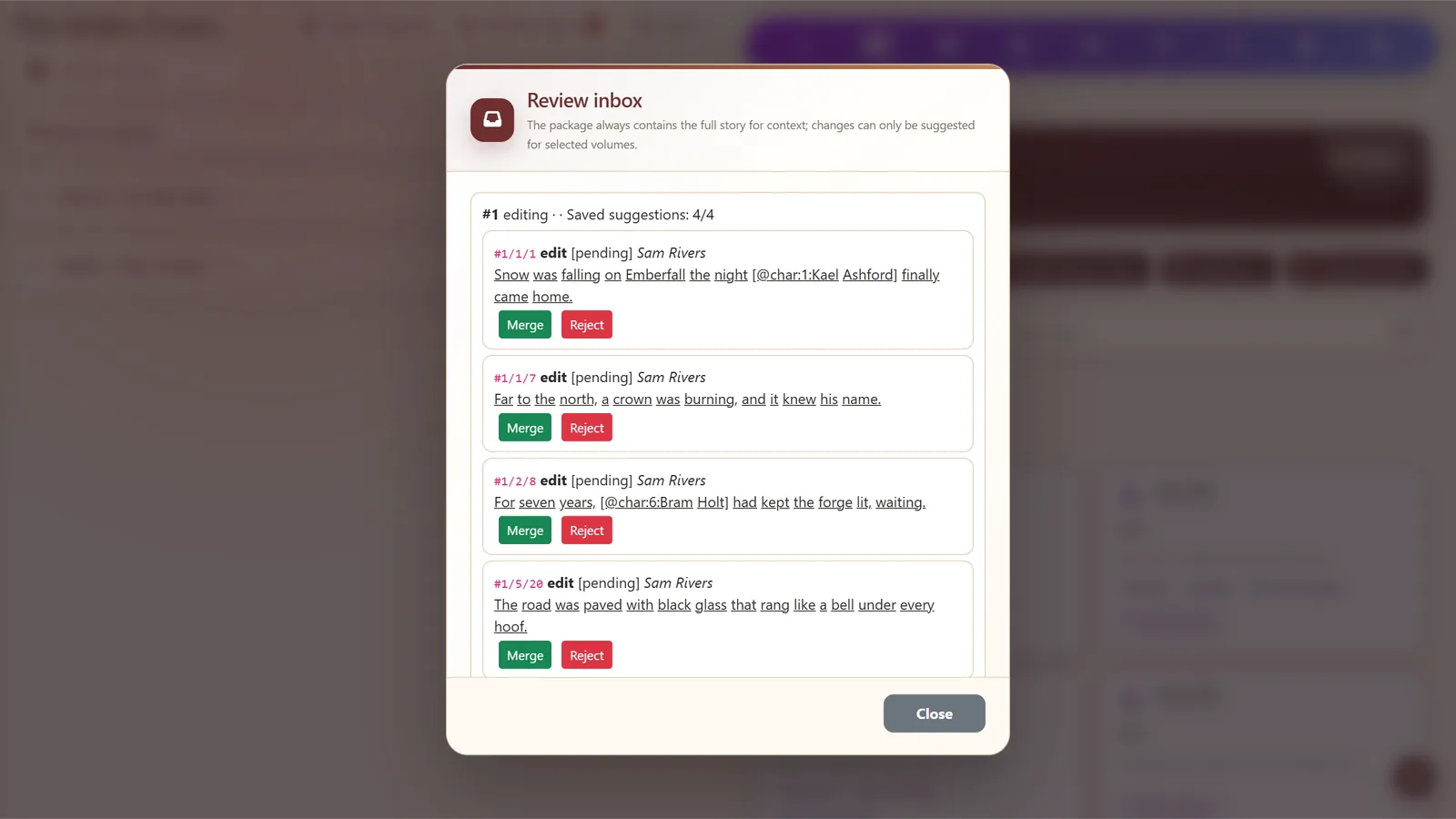 Review inbox with merge and reject